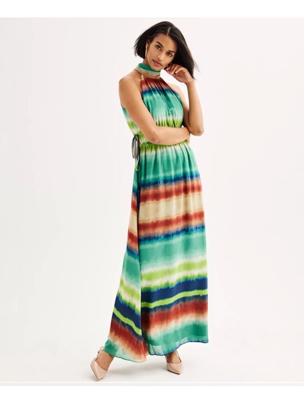 Taylor Teal, Green and Rust Ombre Halter Maxi Dress